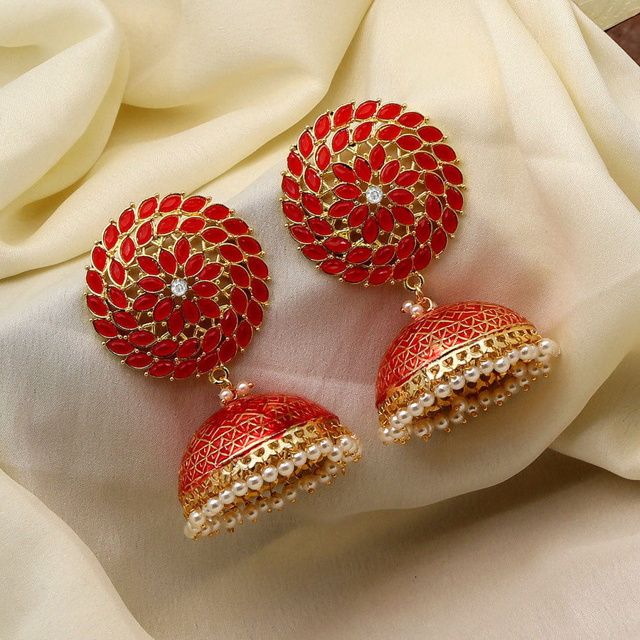 Bold Red Coral Semi-precious 18K Gold Plated Jhumka Earrings